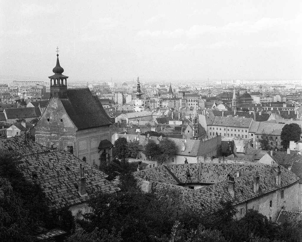 Kilátás a várból, bal oldalon a Szent Miklós templom. Fortepan 59908 - lang