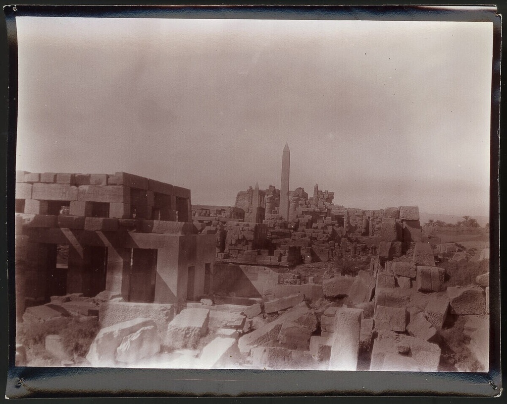 Luxor - Karnak, large pillar hall with two obelisk - Caption: verso: M. “2031 W/III/Luxor-Karnak: The large pillar (on the left) with the two/Obelisks (on the right of the Hatschepsuts)/seen by N.O.,” “19 XI 1910/11h35” (pencil, vertical)