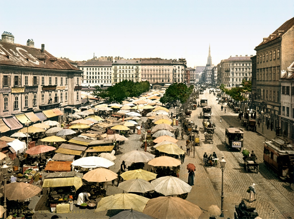 Flickr - …trialsanderrors - Naschmarkt, Vienna, Austria-Hungary, ca. 1895 - Photochrom print by Photoglob Zürich, between 1890 and 1900.
From the Photochrom Prints Collection at the Library of Congress
More photochroms from Austria-Hungary | More photochrom prints

[PD] This picture is in the public domain