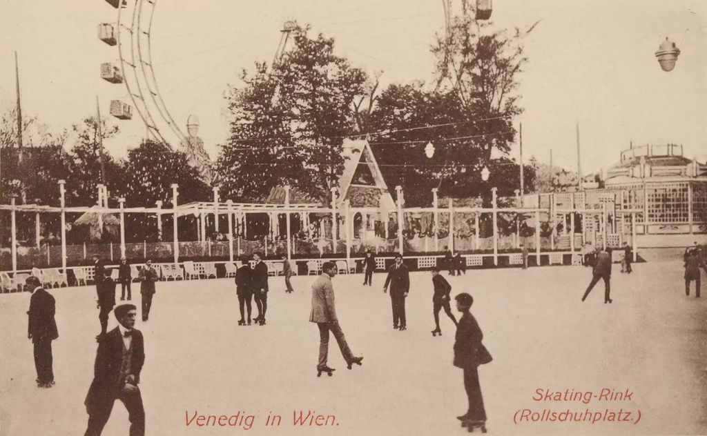 Venedig in Wien–Skating Rink (ca. 1910) - Venedig in Wien (Venice in Vienna, a theme park in the Prater): Skating Rink, with the Riesenrad (Ferris Wheel) in the background (postcard)