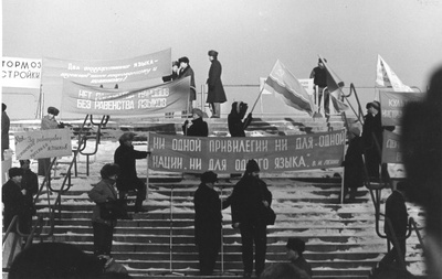 Interliikumisest osavõtjate pikett loosungiga "Mitte ühelegi rahvusele, mitte ühelegi keelele mitte ühtegi privileegi" linnahalli juures.  similar photo