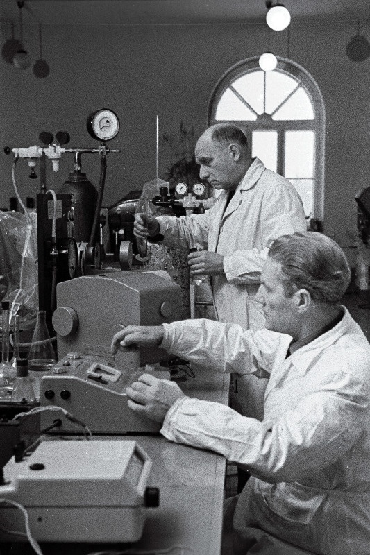 Eesti Maaviljeluse Instituudi keemia- kesklaboratooriumi töötajad, teadusekandidaadid R.Kalmet ja H.Michelson (esiplaanil) agro- ja biokeemilist analüüsi tegemas.