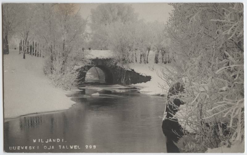 fotopostkaart, Viljandi, Uueveski oja, sild, talv, u 1920, foto J. Riet
