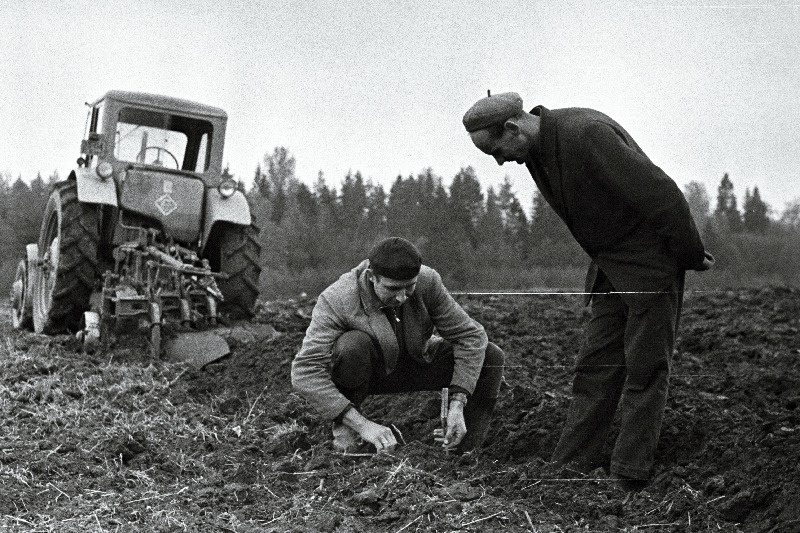 Pärnu rajooni Kalita kolhoosi agronoom Vello Eerits ja traktorist Mart Nurmsoo (paremal) põllul.