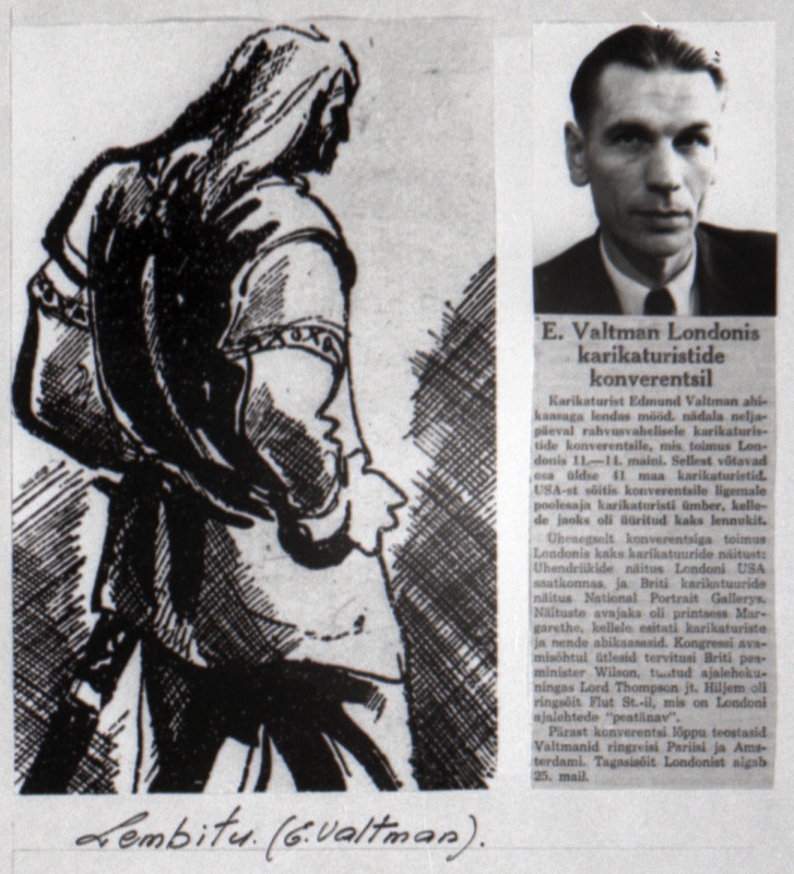 Eestlased paguluses. Karikaturist E.Valtman(portree paremal) Londonis karikaturistide konverentsil. Vasakul tema kujutatud Kalevipoeg. Fotokollaaž.