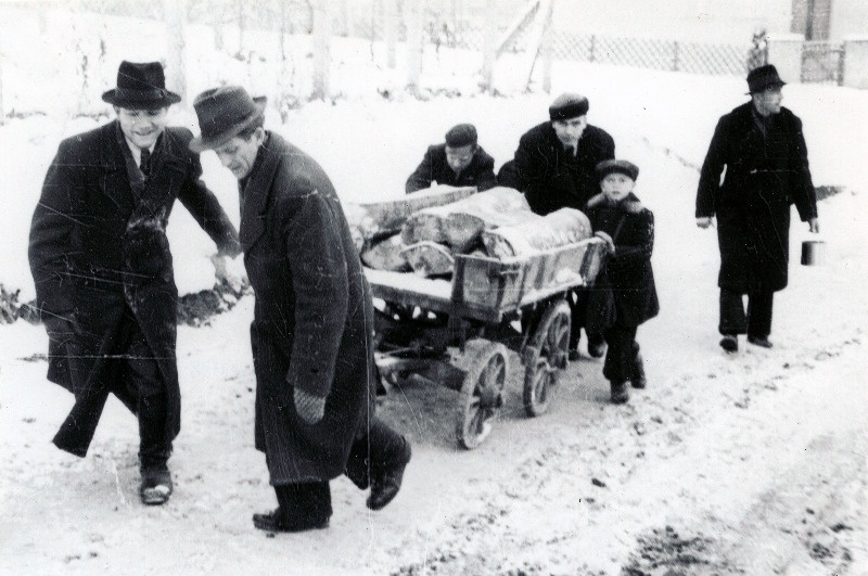 Eestlastest põgenikud Geislingeni DP (displaced persons) laagris. Jagatud küttepuude toomine .