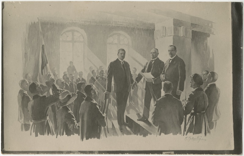 Eesti Vabariigi väljakuulutamine Eestimaa Päästekomitee poolt Tallinnas, reproduktsioon Maximilian Maksolly maalist