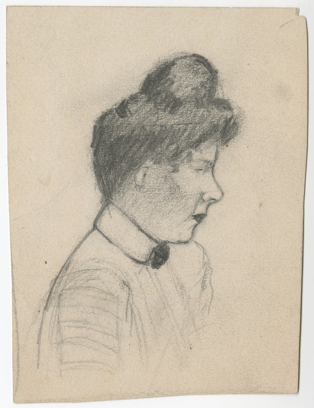 Margarethe Thoma pliiatsiga joonistatud portree Selma Raehlmannist profiilis