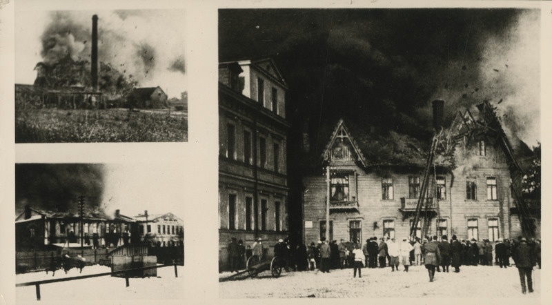 Tuletõrjujad kahjutuld kustutamas. Koopia kolmest fotost