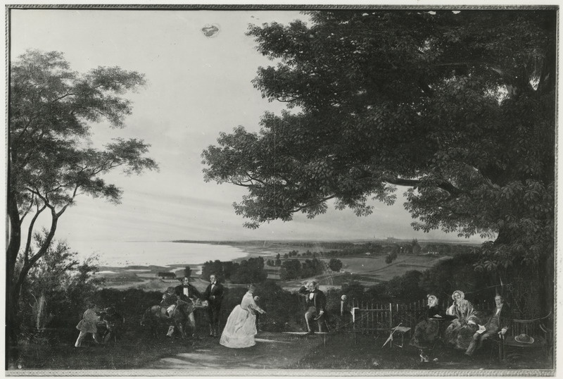 Vaade Rannamõisast Tallinna linnale, esiplaanil perekond Girard. Fotokoopia Ernst Hermann Schlichtingi maalist