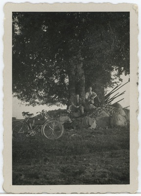 Kaks noormeest puude all kividel istumas, kõrval jalgrattad  duplicate photo