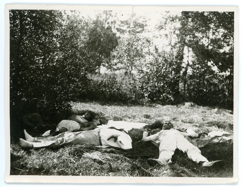 Puhkus rohelises, Johannes ja Emilie Vares ning tundmatu meesterahvas lamamas rohul