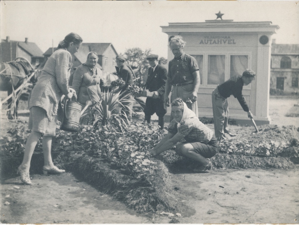 foto, Viljandi, linnaväljak, lillepeenra tegemine Viljandimaa autahvli ees, 1947, F: H. Riet. Keskel ülikonnas Viljandimaa täitevkomitee esimees A. Litter, labidaga linna TK esim. Pauker