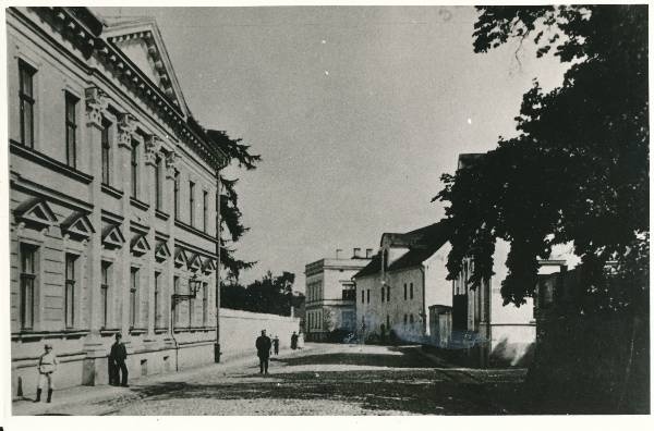 Lai tänav. Vasakul Lai 36, paremal keskel magasiait (hilisem võimlahoone asukoht, Lai 37). Tartu, enne 1888.