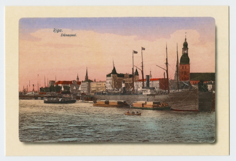 Postkaart. Metsamaterjali laadimine laevale Riia sadamas