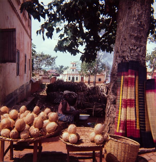 A woman selling coconuts at Kpota Tower, Dahomey (no. Benin); personal photo