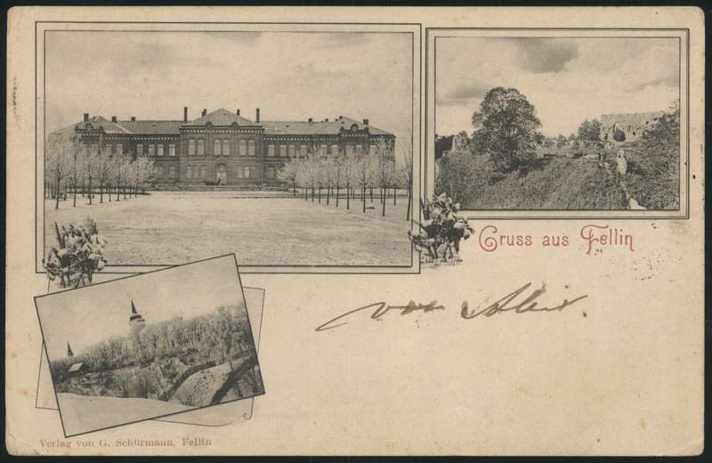 trükipostkaart, Viljandi, 3 vaadet, maagümnaasium, Jaani kirik, lossimäed, u 1900, Verlag von G. Schürmann