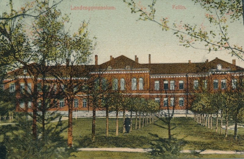 koloreeritud trükipostkaart, Viljandi Maagümnaasium, park u 1905