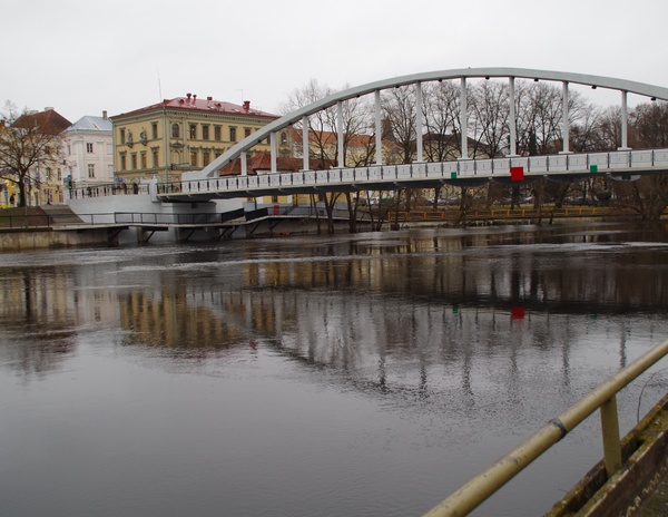 Kivisild, palgiparv jões. Taga Raekoja platsi majad. Tartu, 1880-1890. rephoto