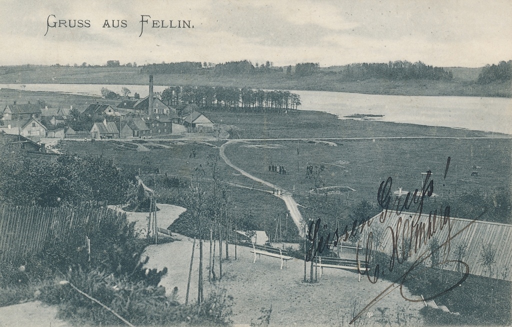 trükipostkaart Viljandi, vaade Trepimäelt järvele ümbrusega, auruveski u 1905