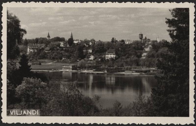 fotopostkaart, Viljandi, järv, rand, linna majad mäeveerul, u 1965  duplicate photo