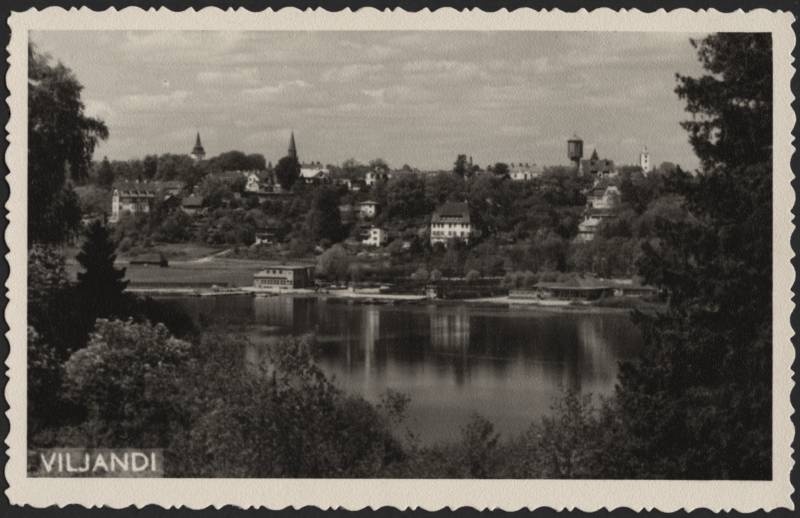 fotopostkaart, Viljandi, järv, rand, linna majad mäeveerul, u 1965