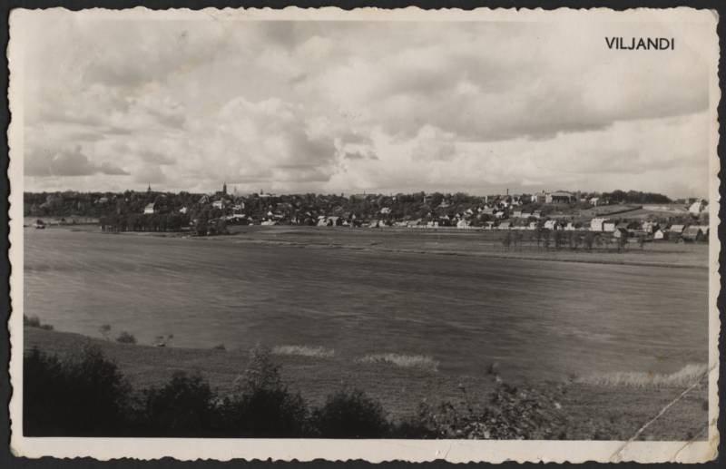 fotopostkaart, Viljandi, vastaskallas, järv, majad mäeveerul I Kirsimäest Kivistiku linnaosani, u 1932, foto M. Teng?