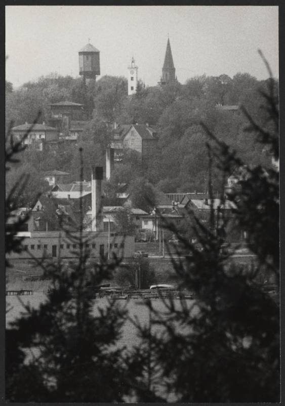 foto, Viljandi, kuused, järv, restoran Vikerkaar, hooned mäeveerul, veetorn, raekoja torn, Pauluse kiriku torn, mai 1984, foto E. Veliste