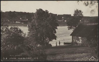 fotopostkaart, Viljandi, vastaskallas, puud, küün, järv, mäeveerul hooned, u 1915, foto J. Riet  duplicate photo