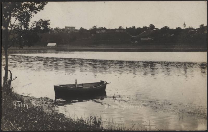 trükipostkaart, Viljandi, järv, paat, lossimäed, majad, u 1909, foto Christin (Narva)