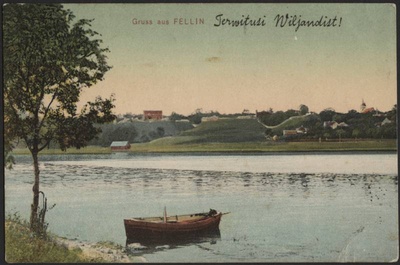 trükipostkaart, Viljandi, järv, paat, lossimäed, majad, koloreeritud, Verlag von E. Ring, u 1909  duplicate photo