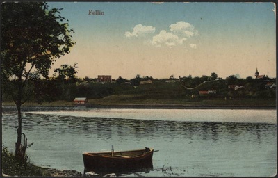 trükipostkaart, Viljandi, järv, paat, lossimäed, majad, koloreeritud, Verlag von E. Ring, u 1909  duplicate photo