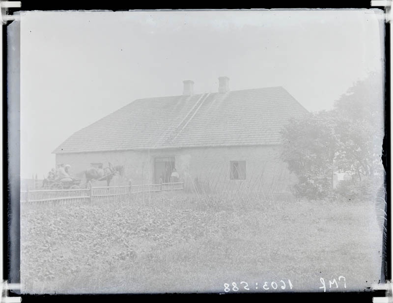 klaasnegatiiv, kivihoone juures hobune vankriga, Lõõla 1920-ndad a.