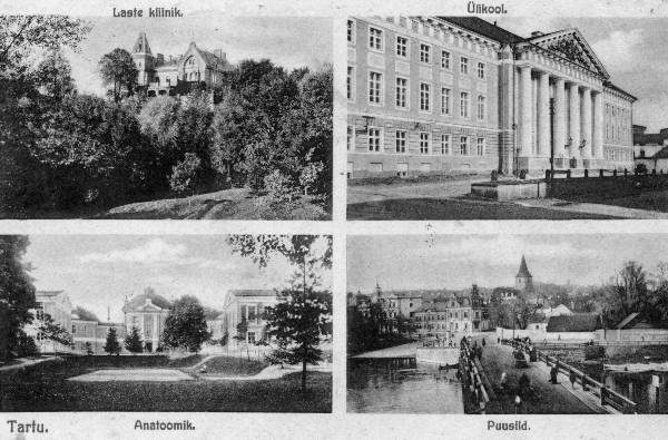 4 Tartu vaadet: Lastekliinik, ülikooli peahoone, Vana-Anatoomikum, Puusild. 1912