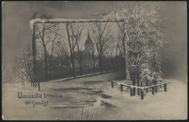fotopostkaart, uusaastakaart, Viljandi, Jaani kirik, talv, Bromophot, Christin&Co (Narva), u 1915