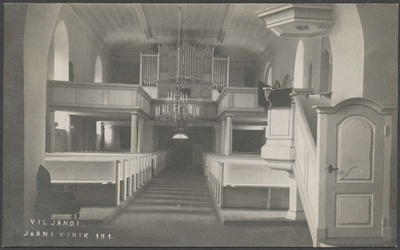 fotopostkaart, Viljandi, Jaani kirik, sisevaade, kantsel, pingid, orel, 1913 J. Riet  duplicate photo