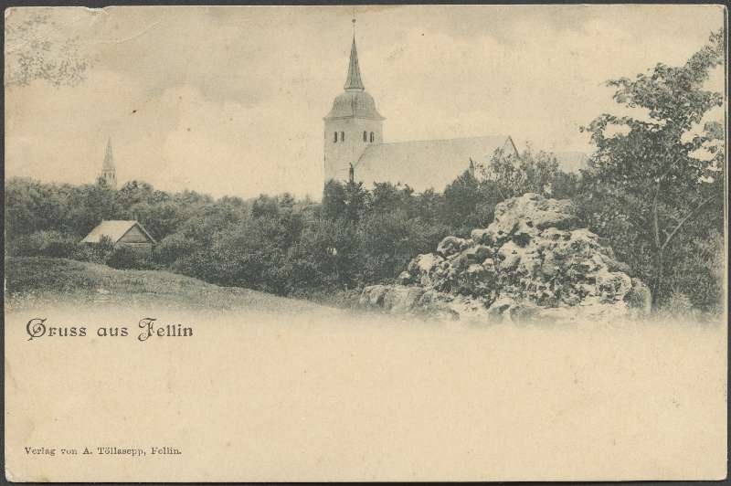 trükipostkaart, Viljandi, Jaani kirik I Kirsimäe poolt, u 1905, Verlag von A. Tõllasepp (Fellin)