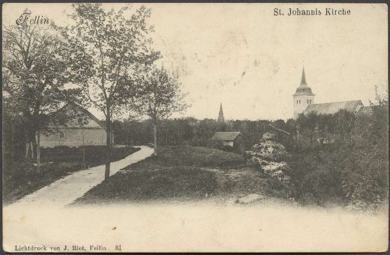 trükipostkaart, Viljandi, Pauluse kirik ja Jaani kirik I Kirsimäe poolt, u 1905, Lichtdruck von J. Riet (Fellin)