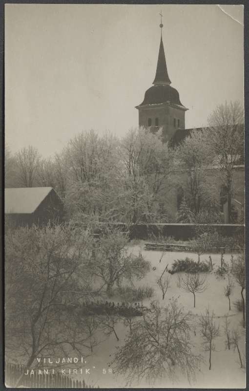 fotopostkaart, Viljandi, Jaani kirik I Kirsimäe poolt, talv, u 1920, foto J. Riet