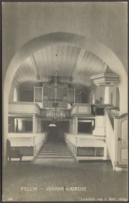 fotopostkaart, Viljandi, Jaani kirik, sisevaade, pingid, orel, 1913, foto J. Riet  duplicate photo