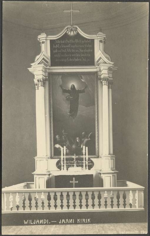 fotopostkaart, Viljandi, Jaani kirik, altar, sisevaade, 1913, foto J. Riet