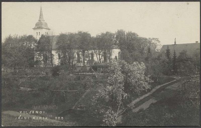 fotopostkaart, Viljandi, Jaani kirik, pastoraat, I Kirsimäe poolt, u 1920, foto J. Riet  duplicate photo