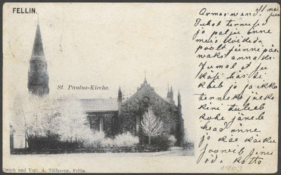 trükipostkaart, Viljandi, Pauluse kirik Vaksali teelt, talv, 1903, kirjastus A. Tõllasepp, foto J. Riet  duplicate photo