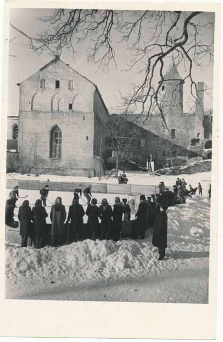Foto. Hokimängijad Haapsalu lossipargi liuväljal. 1955. Fotogr. J. Vatser.