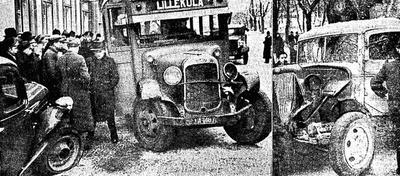 Federal AGTB No. 31 after the accident in 1939. Motor Lilleküla line Federal No 31 (A-1487), led by Romet Kandre, crashed on 15.12.1939 due to the smooth road in Tallinn at Kaarli pst 9, the first meeting with the log load of h. Leesment rainbow and the lorry Bedford? (A-2581), led by Edgar Antov, and then by a passenger car (A-1294), which was famous for Oskar Liv's agronomy. Photos: Päevaleht 16.12.1939 and Peopleleht 16.12.1939. Digitized Estonian newspapers (dea.nlib.ee).  duplicate photo