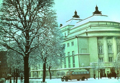 The 30-seat Diamond No 89 in front of Estonia Theatre was purchased from Karl Siitan in 1937. Original color photograph.  duplicate photo