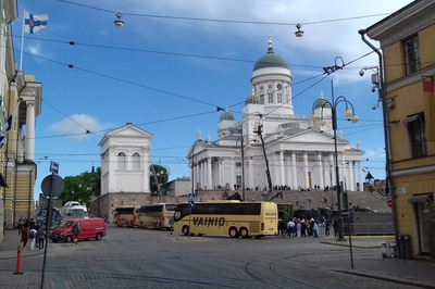 The Church of Helsinki Nikolai, the Bank of Finland and the building of the National Archive. rephoto