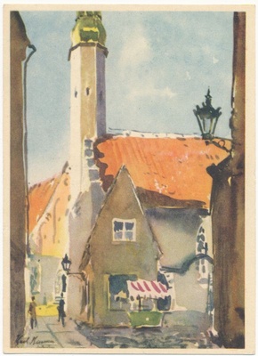 Postcard. Karl Burman. Tallinn. A garden walk.  duplicate photo
