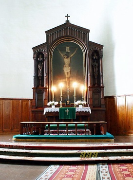 Ülikooli kirik: altar; vitraažaknad. Tartu, 1930. aastad. rephoto