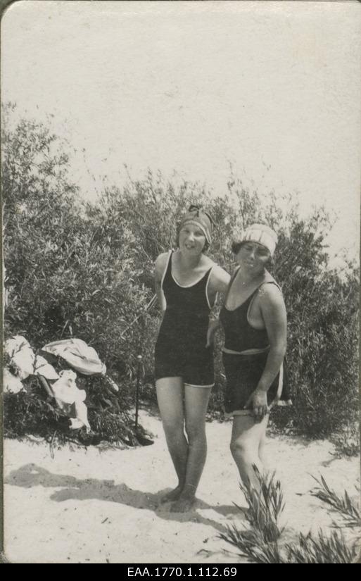 Summer days of the Estonian student company "Veljesto" on the Ikla-Kihnu island-Pärnu route. Two women in swimwear on the beach of Pärnu
